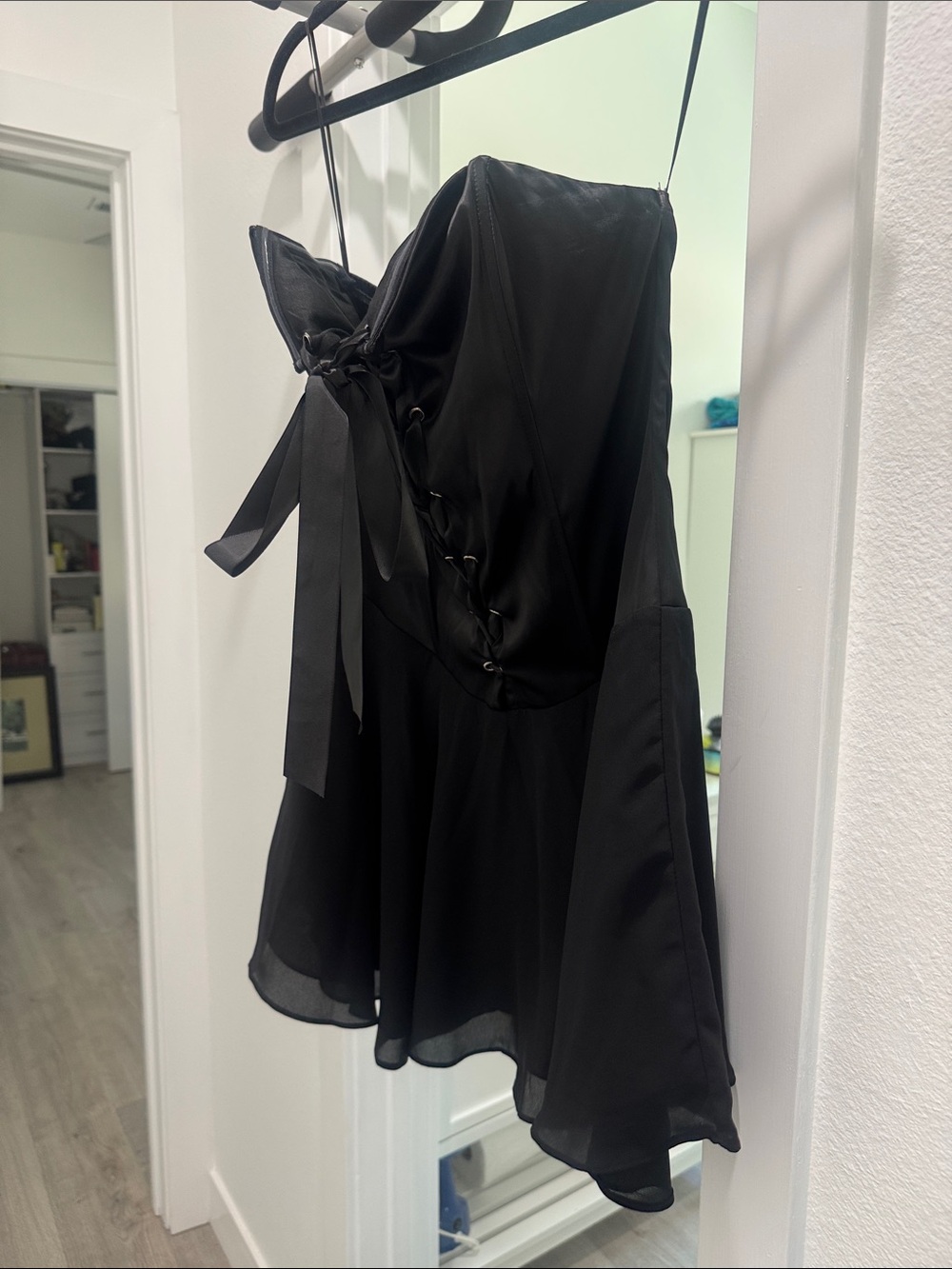 Strapless Black Lace-Up Mini Dress